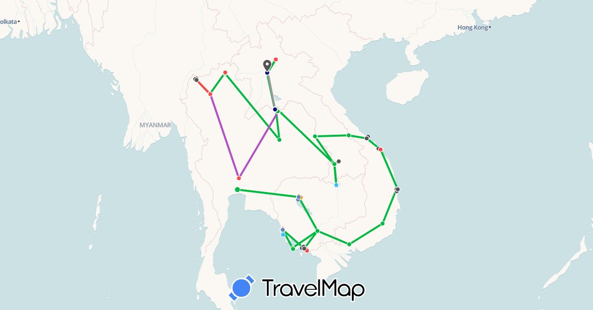 TravelMap itinerary: driving, bus, plane, cycling, train, hiking, boat, hitchhiking, motorbike in Cambodia, Laos, Thailand, Vietnam (Asia)